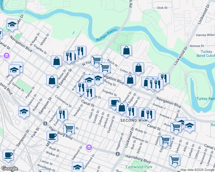 map of restaurants, bars, coffee shops, grocery stores, and more near 318 North Drennan Street in Houston