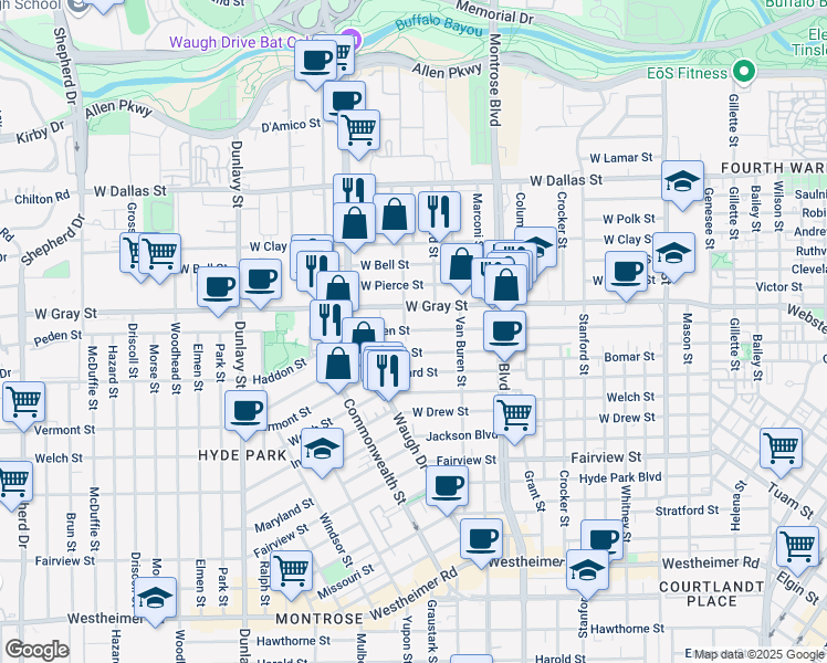 map of restaurants, bars, coffee shops, grocery stores, and more near 1245 Peden Street in Houston