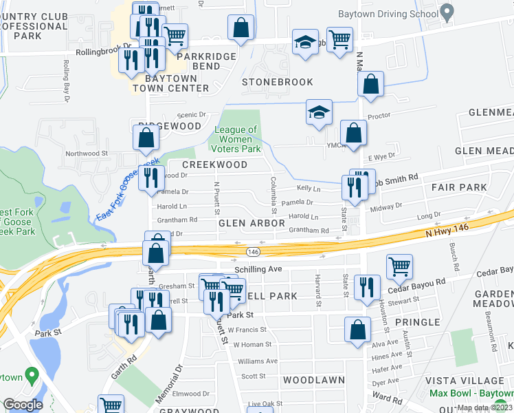map of restaurants, bars, coffee shops, grocery stores, and more near 409 Pamela Drive in Baytown
