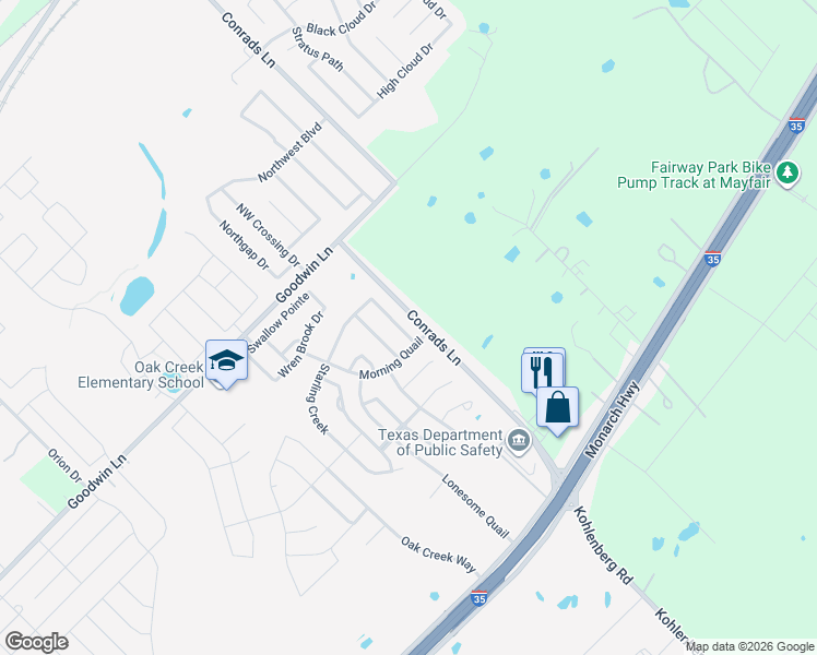 map of restaurants, bars, coffee shops, grocery stores, and more near 312 Hummingbird Drive in New Braunfels