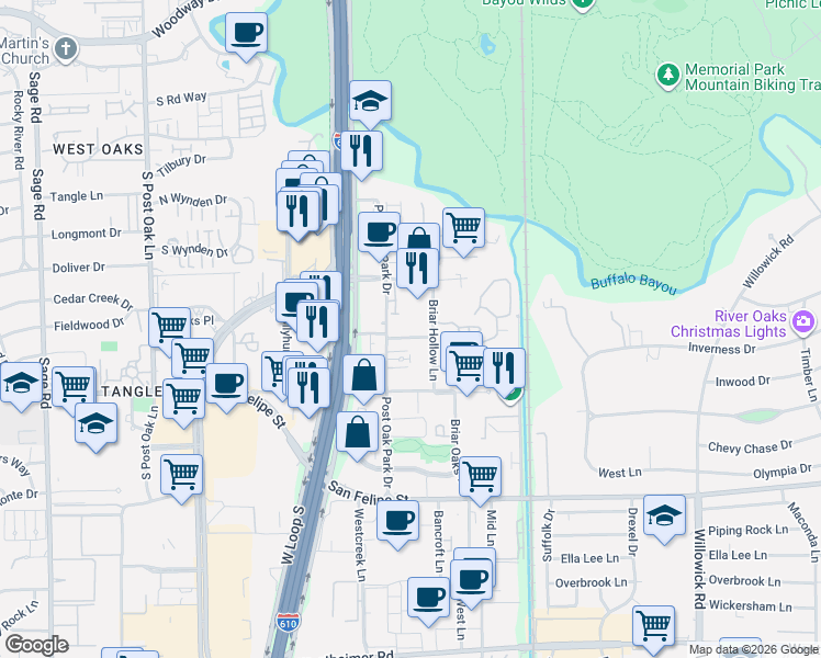 map of restaurants, bars, coffee shops, grocery stores, and more near 4510 Briar Hollow Place in Houston