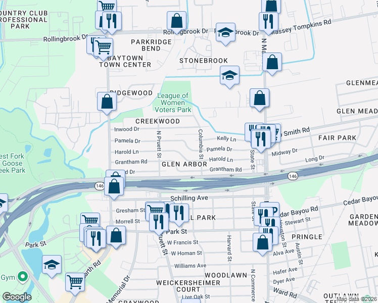 map of restaurants, bars, coffee shops, grocery stores, and more near 416 Harold Lane in Baytown