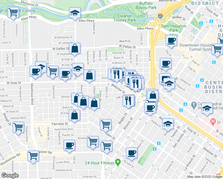 map of restaurants, bars, coffee shops, grocery stores, and more near 1806 Matthews Street in Houston