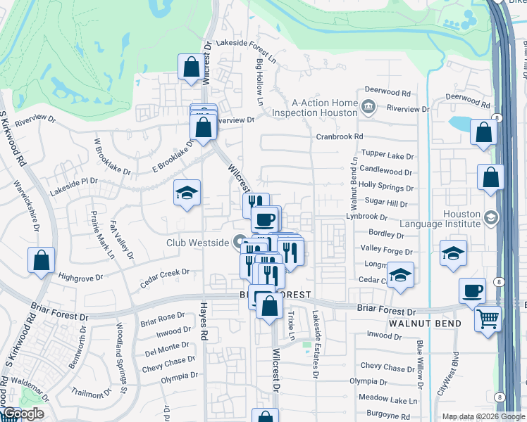 map of restaurants, bars, coffee shops, grocery stores, and more near 1000 Wilcrest Drive in Houston