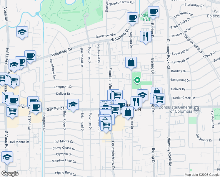 map of restaurants, bars, coffee shops, grocery stores, and more near 5888 Doliver Drive in Houston