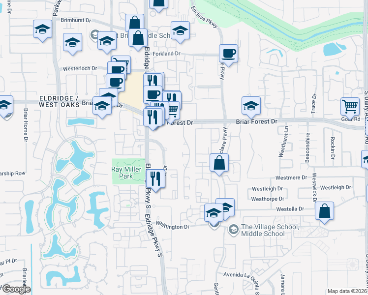 map of restaurants, bars, coffee shops, grocery stores, and more near 1550 Lakeside Enclave Drive in Houston