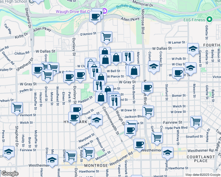 map of restaurants, bars, coffee shops, grocery stores, and more near 1316a Peden Street in Houston