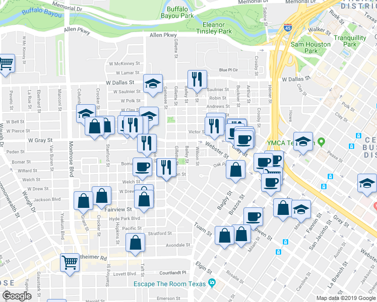 map of restaurants, bars, coffee shops, grocery stores, and more near 1807 Bailey Street in Houston