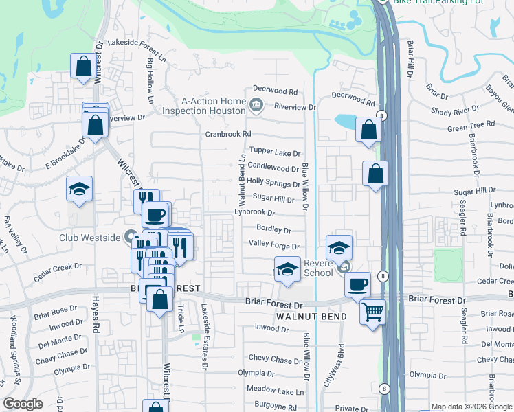 map of restaurants, bars, coffee shops, grocery stores, and more near 10726 Lynbrook Drive in Houston