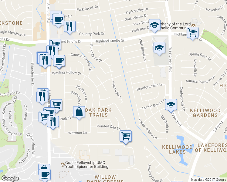 map of restaurants, bars, coffee shops, grocery stores, and more near 2034 Park Maple Drive in Katy