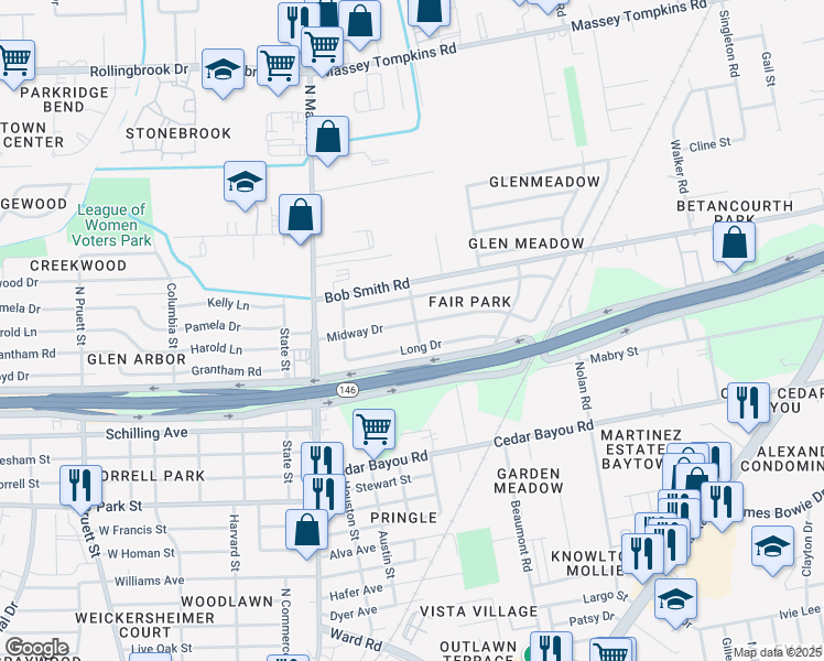 map of restaurants, bars, coffee shops, grocery stores, and more near 211 Midway Drive in Baytown
