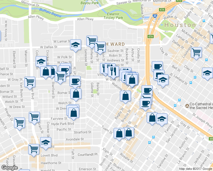 map of restaurants, bars, coffee shops, grocery stores, and more near 1806 Matthews Street in Houston