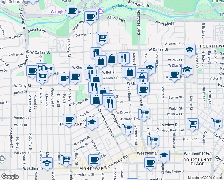map of restaurants, bars, coffee shops, grocery stores, and more near 1245 Peden Street in Houston