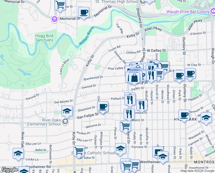 map of restaurants, bars, coffee shops, grocery stores, and more near 2205 Inwood Drive in Houston