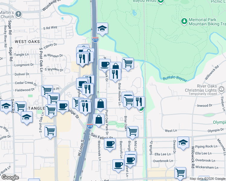 map of restaurants, bars, coffee shops, grocery stores, and more near 4510 Briar Hollow Place in Houston