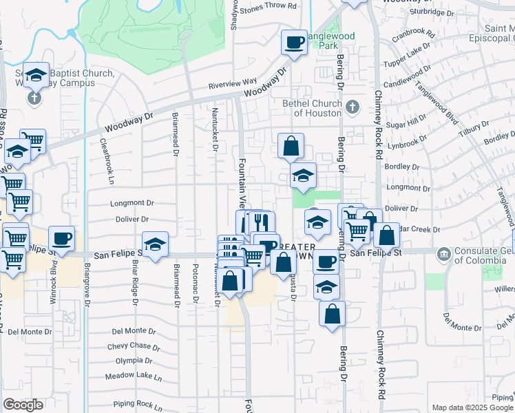 map of restaurants, bars, coffee shops, grocery stores, and more near 5888 Doliver Drive in Houston