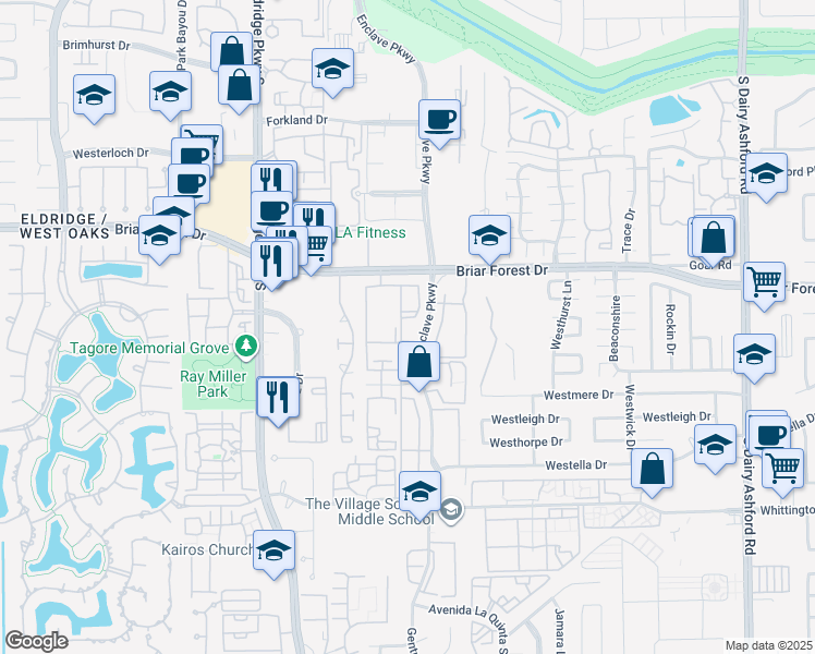 map of restaurants, bars, coffee shops, grocery stores, and more near Enclave Parkway in Houston