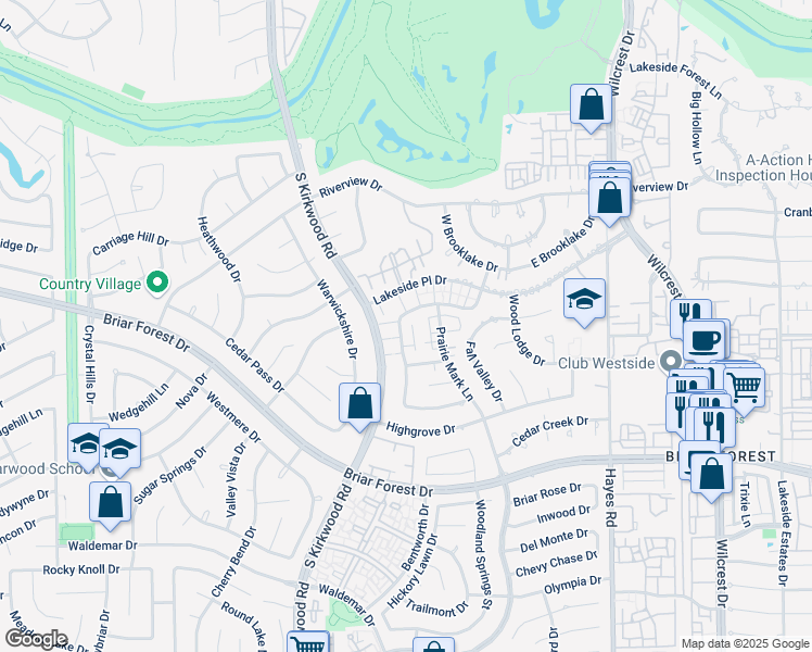 map of restaurants, bars, coffee shops, grocery stores, and more near 1613 Prairie Grove Drive in Houston