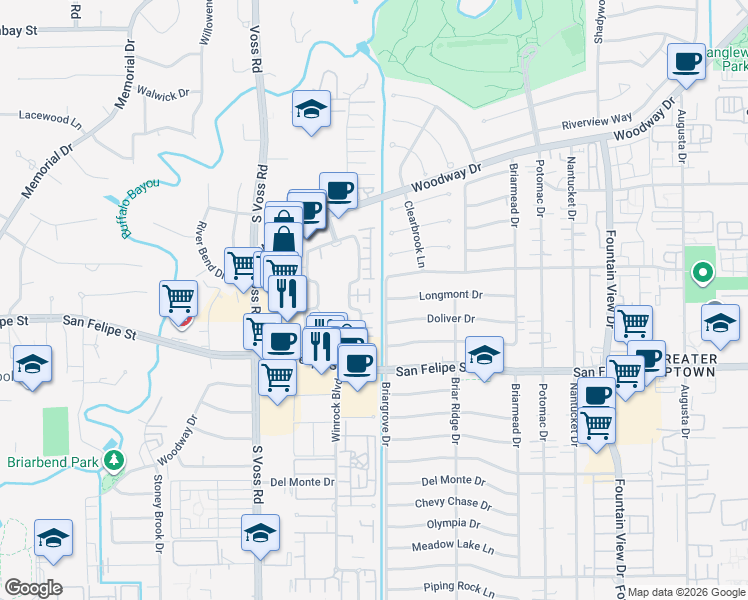 map of restaurants, bars, coffee shops, grocery stores, and more near 1327 Winrock Boulevard in Houston