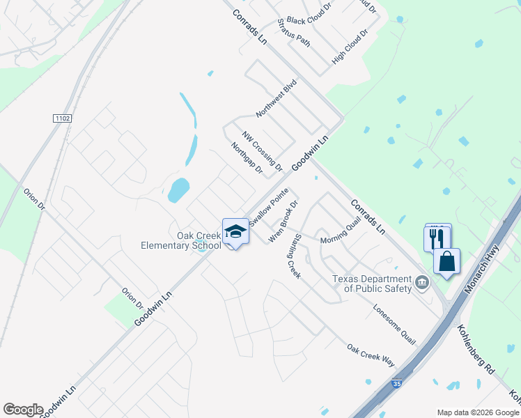 map of restaurants, bars, coffee shops, grocery stores, and more near 3217 Swallow Pointe in New Braunfels