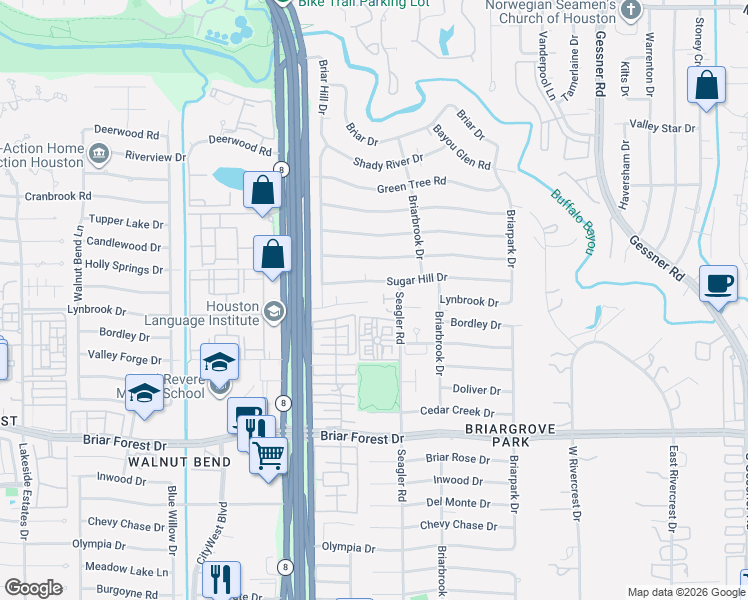 map of restaurants, bars, coffee shops, grocery stores, and more near 10302 Lynbrook Hollow Street in Houston