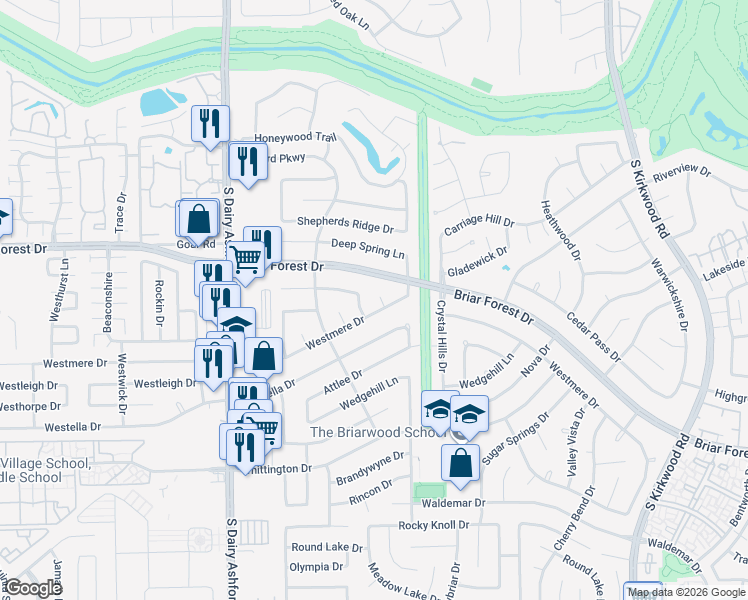 map of restaurants, bars, coffee shops, grocery stores, and more near 1508 Village Green Court in Houston