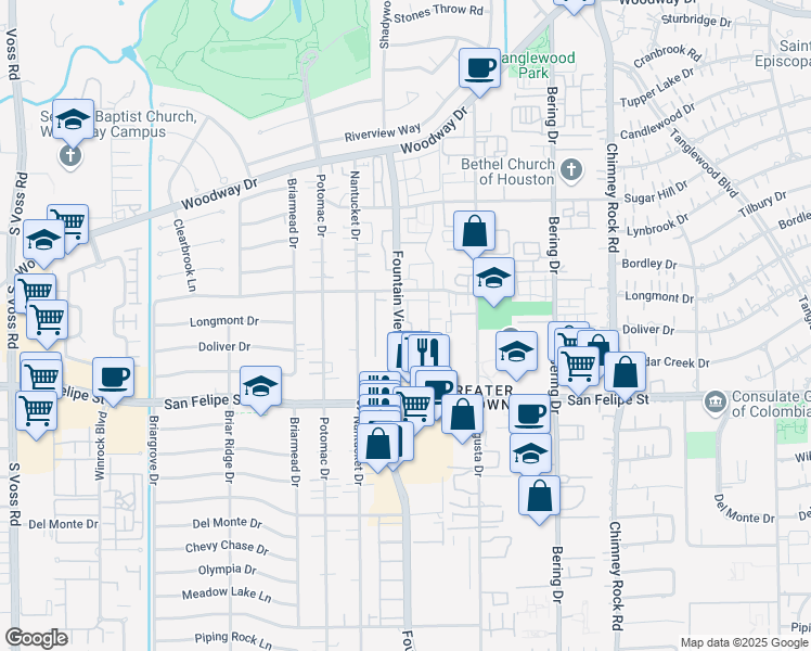 map of restaurants, bars, coffee shops, grocery stores, and more near 5888 Doliver Drive in Houston