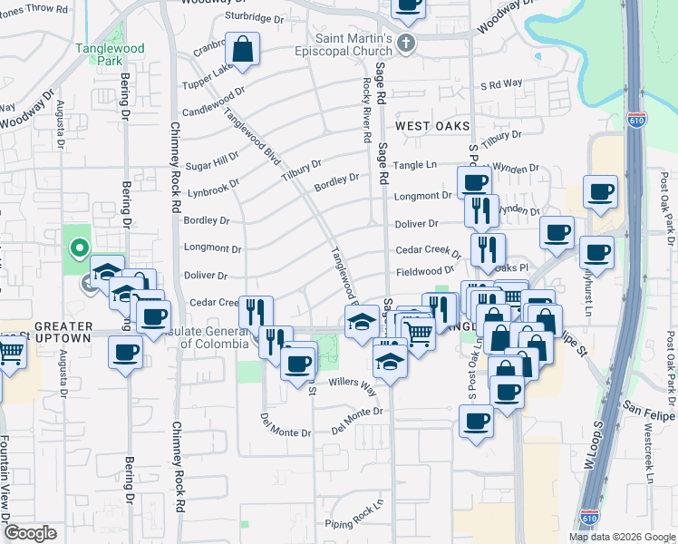 map of restaurants, bars, coffee shops, grocery stores, and more near 5403 Cedar Creek Dr in Houston
