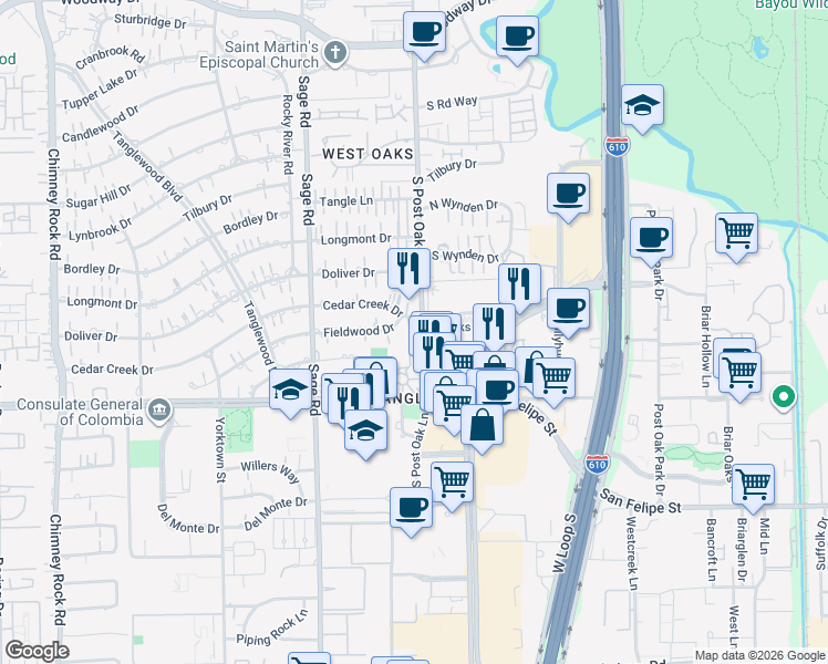 map of restaurants, bars, coffee shops, grocery stores, and more near 5007 Cedar Creek Drive in Houston