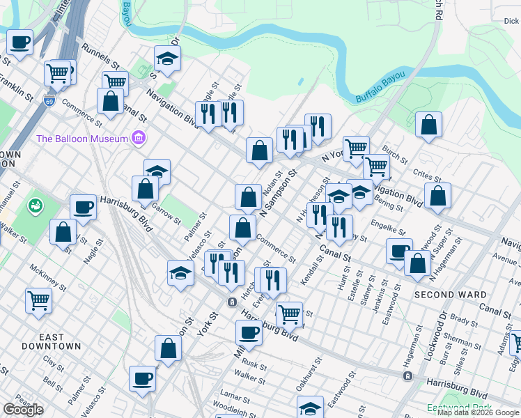 map of restaurants, bars, coffee shops, grocery stores, and more near 3326 Canal Street in Houston