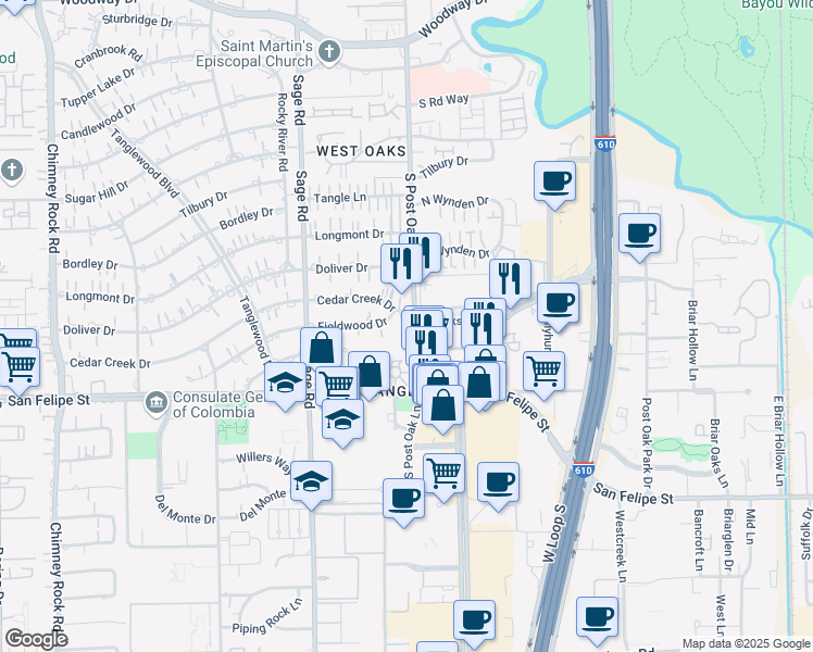 map of restaurants, bars, coffee shops, grocery stores, and more near 5007 Cedar Creek Drive in Houston