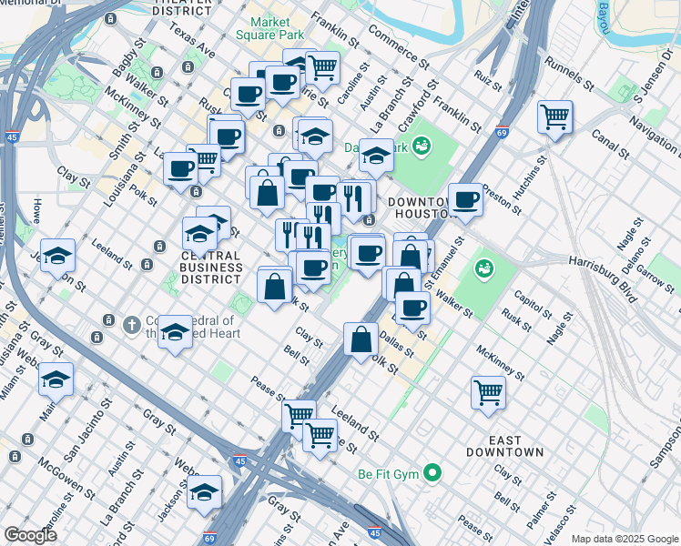 map of restaurants, bars, coffee shops, grocery stores, and more near 1500 McKinney Street in Houston