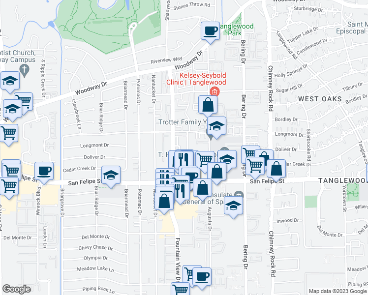 map of restaurants, bars, coffee shops, grocery stores, and more near 5888 Doliver Drive in Houston