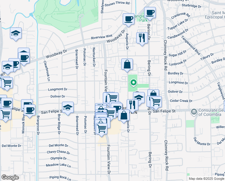 map of restaurants, bars, coffee shops, grocery stores, and more near 5801 Doliver Drive in Houston