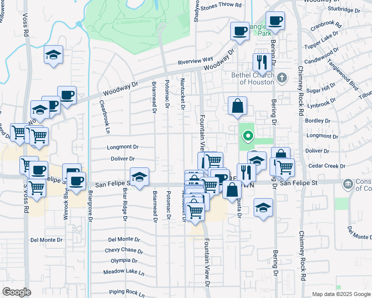 map of restaurants, bars, coffee shops, grocery stores, and more near 1425 Nantucket Drive in Houston