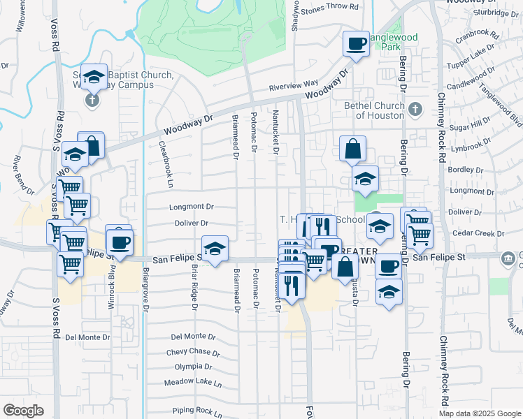 map of restaurants, bars, coffee shops, grocery stores, and more near 1509 Potomac Drive in Houston