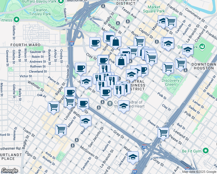 map of restaurants, bars, coffee shops, grocery stores, and more near in Houston