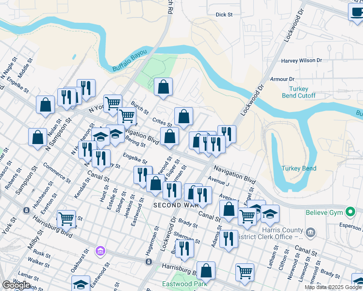 map of restaurants, bars, coffee shops, grocery stores, and more near 514 North Eastwood Street in Houston