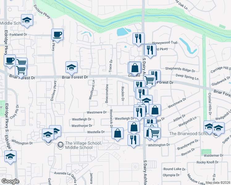 map of restaurants, bars, coffee shops, grocery stores, and more near 1546 Ainsdale Drive in Houston