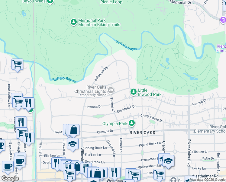 map of restaurants, bars, coffee shops, grocery stores, and more near 3664 Inverness Drive in Houston