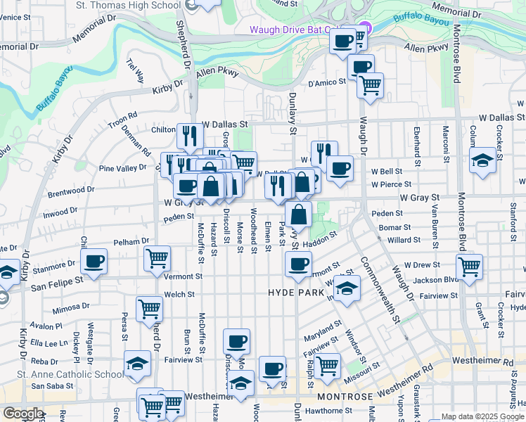 map of restaurants, bars, coffee shops, grocery stores, and more near 1921 West Gray Street in Houston