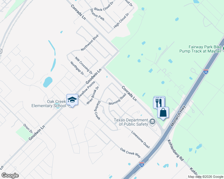 map of restaurants, bars, coffee shops, grocery stores, and more near 374 Tanager Drive in New Braunfels