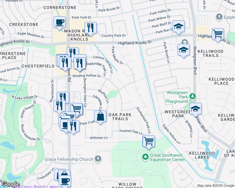 map of restaurants, bars, coffee shops, grocery stores, and more near 2006 Winding Hollow Drive in Katy