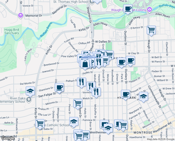 map of restaurants, bars, coffee shops, grocery stores, and more near 2015 West Gray Street in Houston