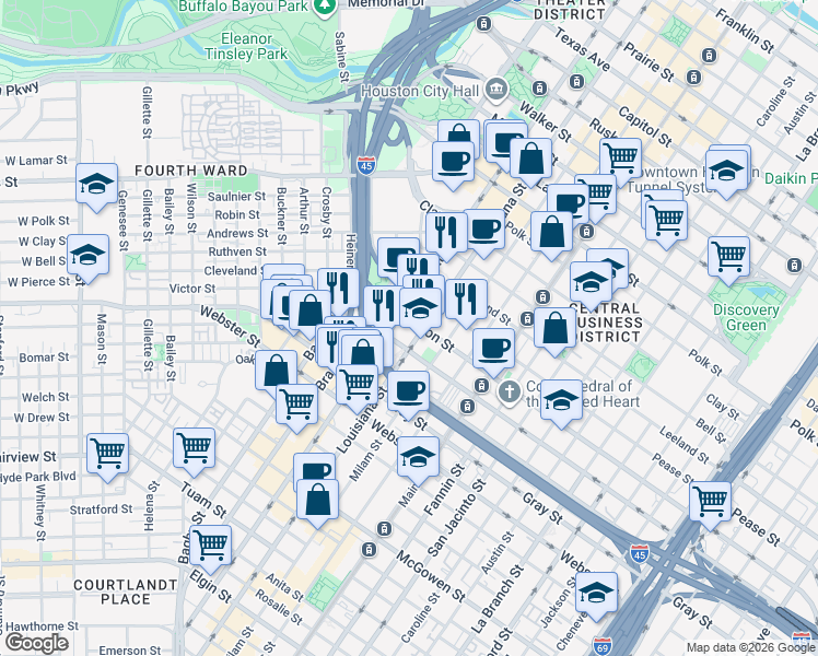 map of restaurants, bars, coffee shops, grocery stores, and more near 600 Jefferson Street in Houston