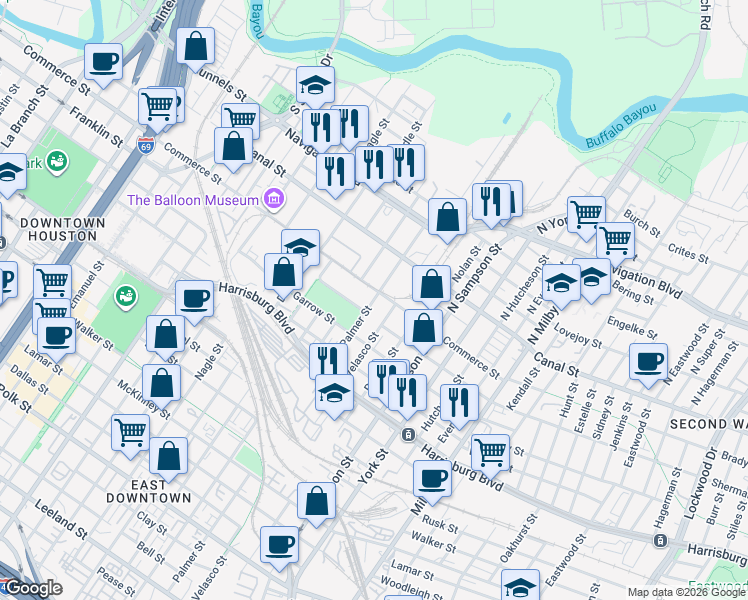 map of restaurants, bars, coffee shops, grocery stores, and more near 111 Palmer St in Houston
