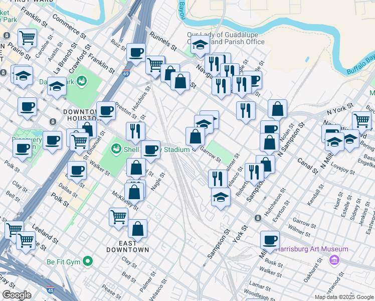 map of restaurants, bars, coffee shops, grocery stores, and more near 2711 Harrisburg Boulevard in Houston
