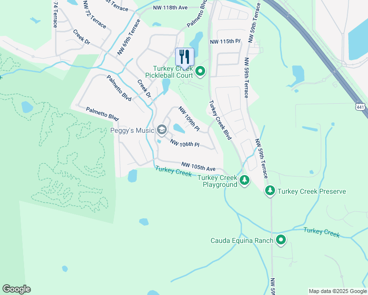map of restaurants, bars, coffee shops, grocery stores, and more near 6379 Northwest 106th Place in Alachua