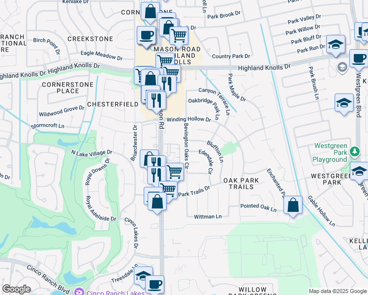 map of restaurants, bars, coffee shops, grocery stores, and more near 2002 Bevington Oaks Circle in Katy