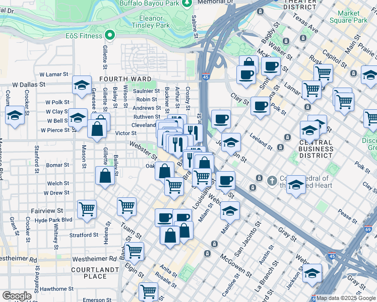 map of restaurants, bars, coffee shops, grocery stores, and more near 2003 Bagby Street in Houston